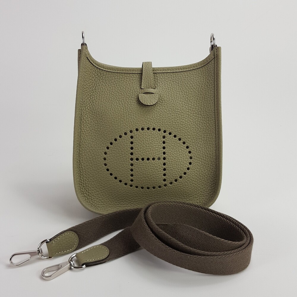 Hermes Evelyne Shoulder Bag Olive Green Leather with Detachable Brown Fabric Str